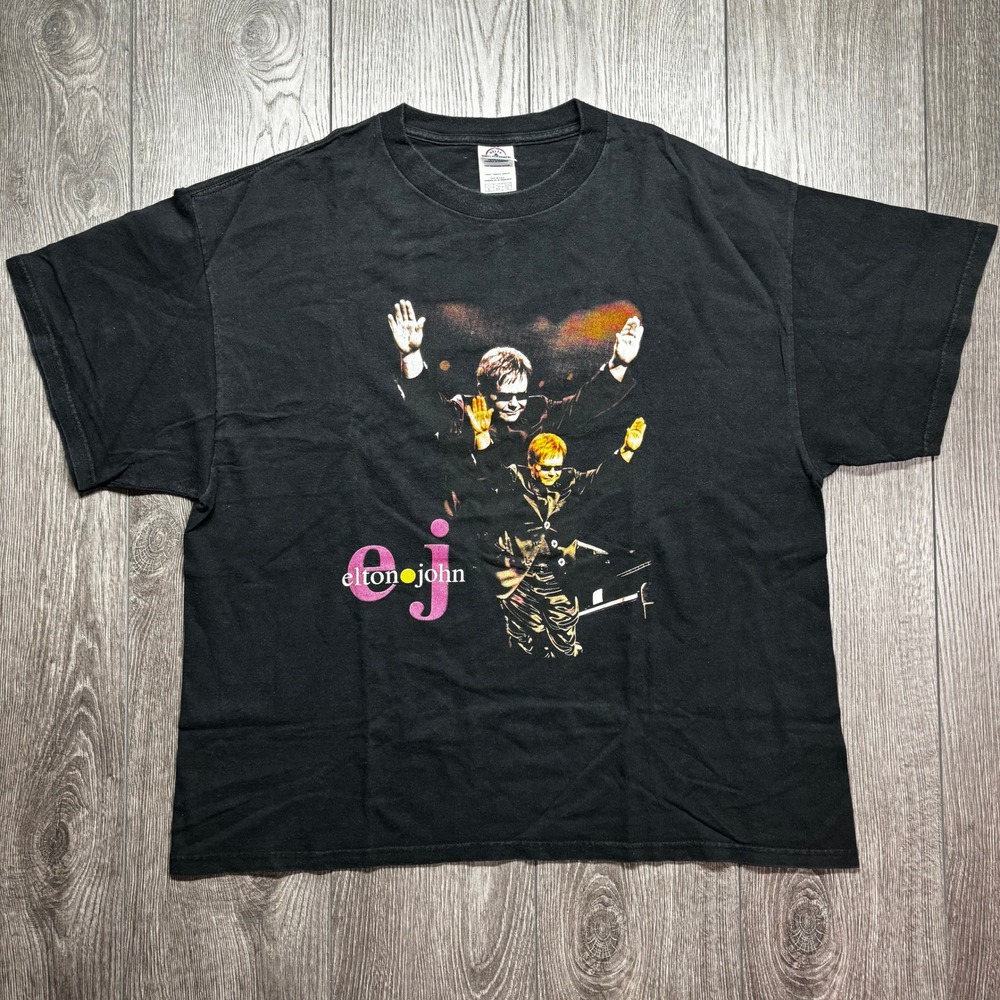 Vintage Elton John World Tour T-Shirt Mens XL Black Delta Pro Weight Graphic Tee